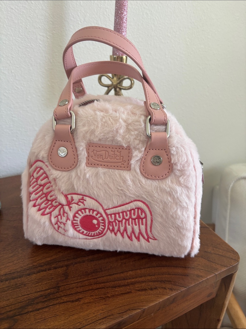 Von Dutch Light Pink Faux Fur Mini Bag with Embroidered Wing